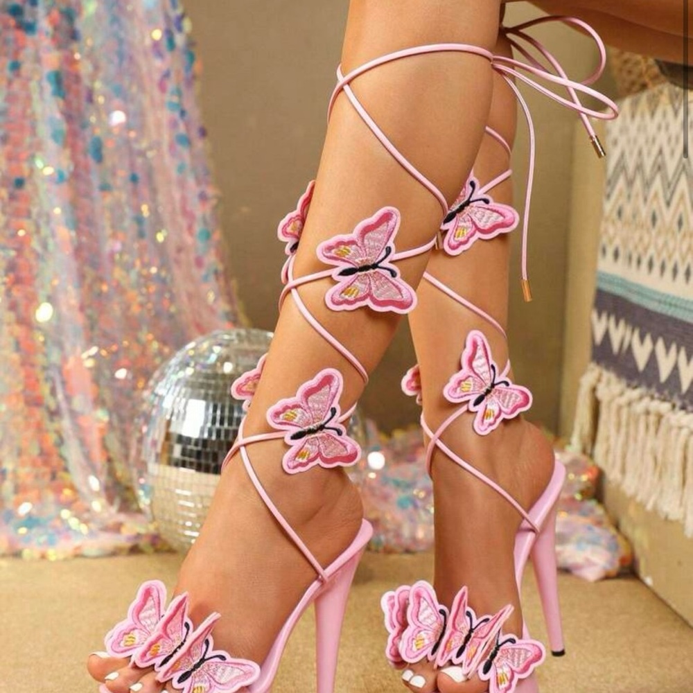 SHEIN Pink Butterfly Lace-Up Heels